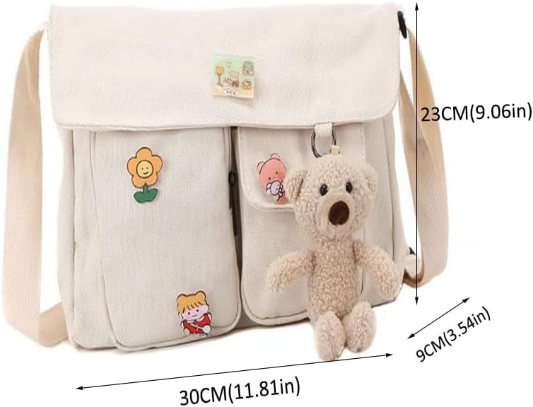 PRAGARI Canvas Crossbody Bag Messenger Cute Bag with Pins and Pendant for Women Girls Casual Shoulder Aesthetic School bag - Image 4